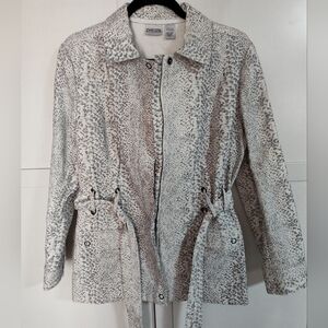 Chico’s Womens Jacket Sz 2 Gray White Snake Print Mid Length Belted Lightweight